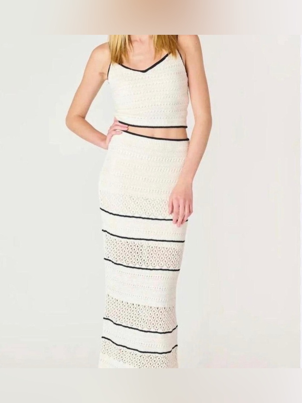 Abercrombie & Fitch White Crochet Maxi Skirt with Black Trim & Top size XL